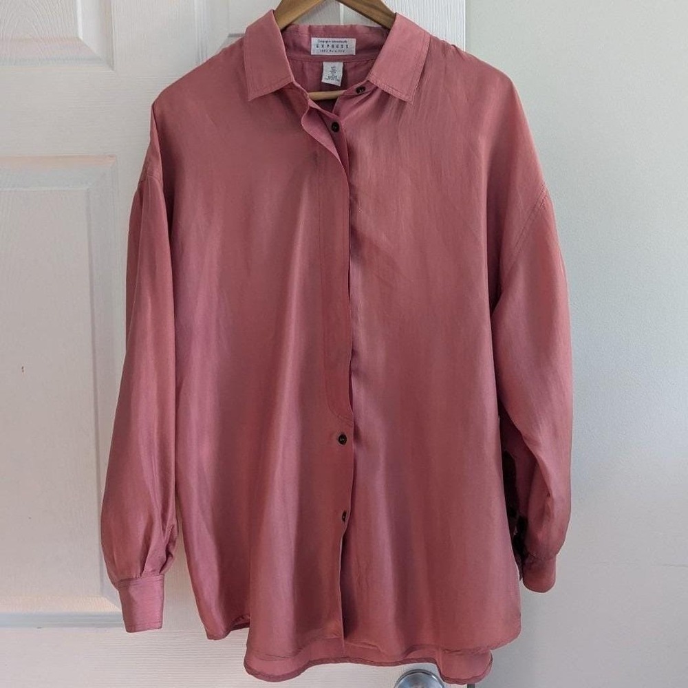 Vtg 90s Express 100% Silk Button Up Shirt Pink Oversized Sz M Quiet Luxury Chic